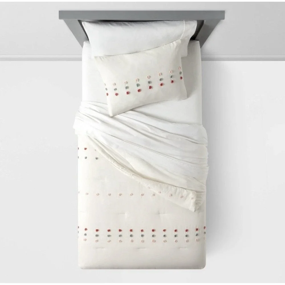 Twin Pom-Pom Comforter Set Cream by Pillowfort NEW!